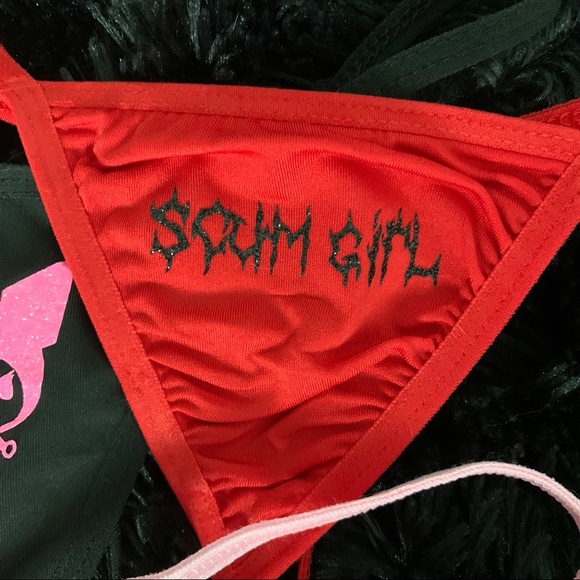 SOLD- Red thong with black sparkly “scum girl” - Picture 1 of 1